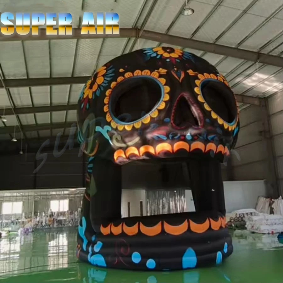 Giant Black Inflatable Sugar Skull Tent, Colorful Floral Design, Day of the Dead Halloween Party Booth, Spooky Event Decoration