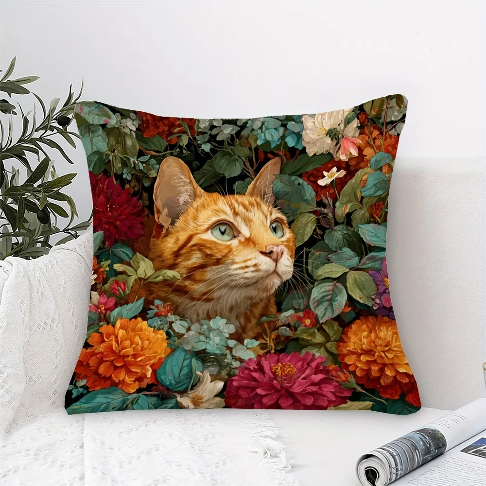 1pc Floral Orange Tabby Cat Pillow Cover, Polyester 2D Double-Sided Print, Vintage Botanical Cat Art Cushion, Nature & Pet Lover