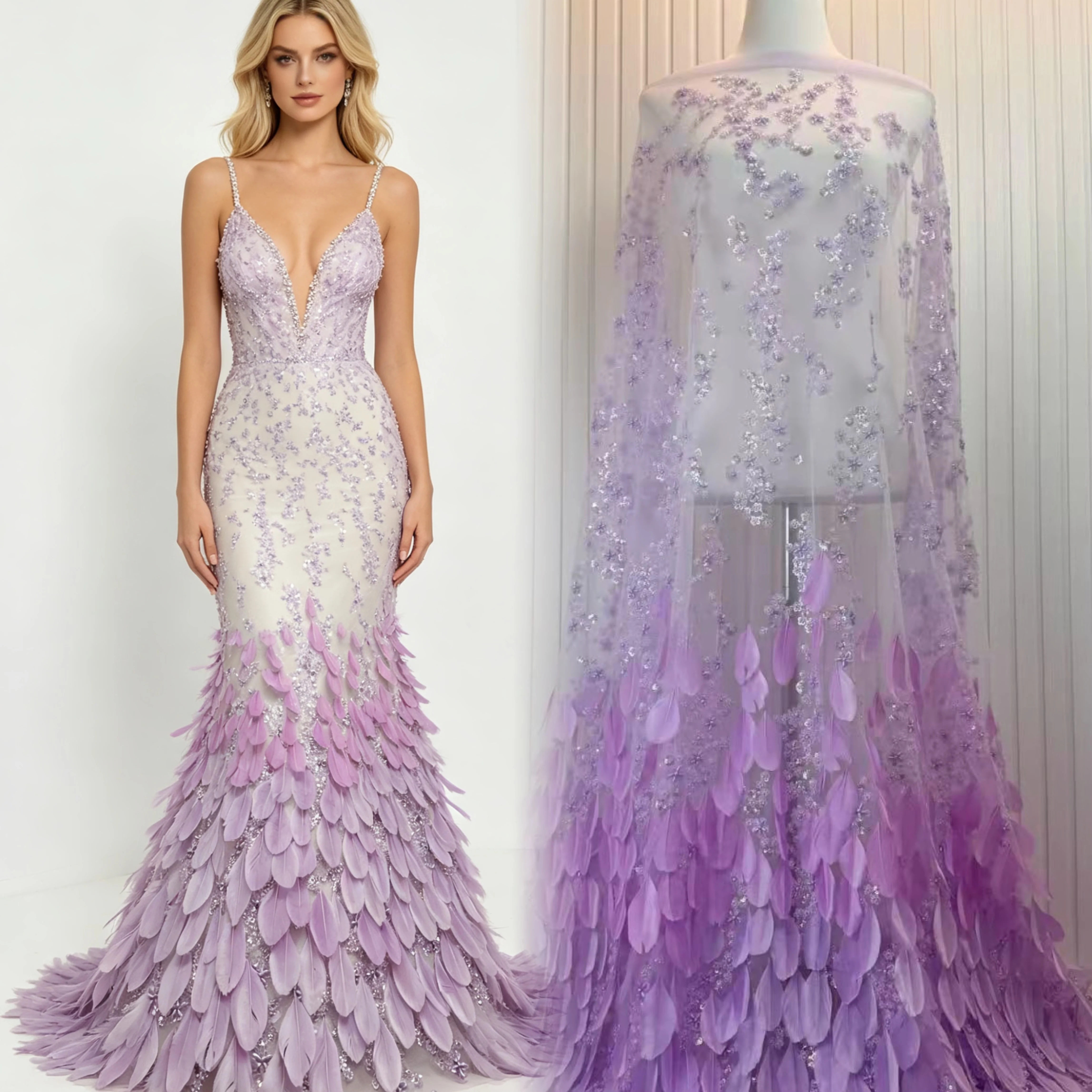 Luxury African 3D Feather Lace Fabric Beaded Embroidery with French Sequins High Quality for Nigerian Wedding Dress Sewing view 2