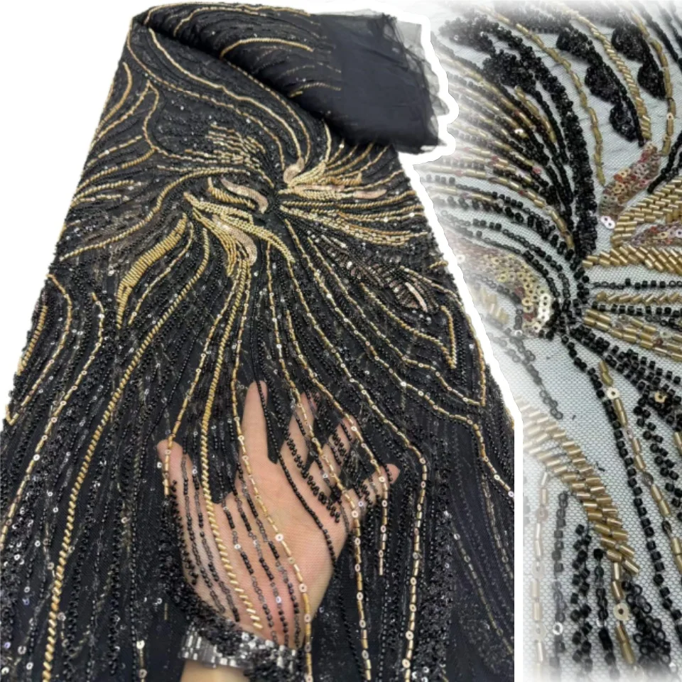 

African Beaded Sequins Lace Fabric 2026 High Quality Nigerian French Mesh Tulle Lace Fabric For Girls Party Dress Sewing 2517