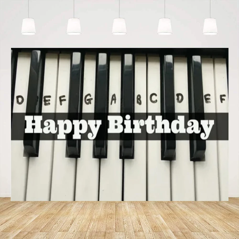 Piano Happy Birthday Banner Photography Backdrop Musical Notes Keys And Piano Keyboard Theme Decor For Music Party Background