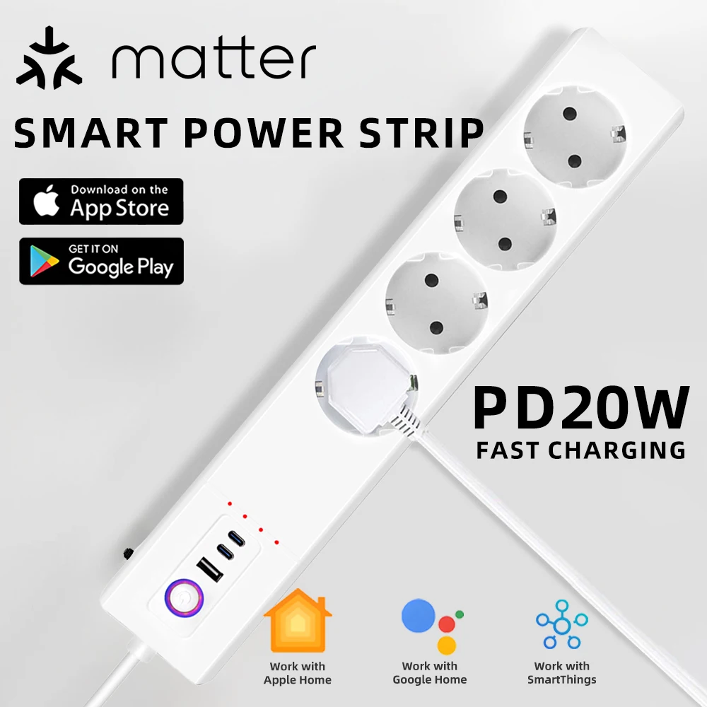 

Умная розетка Matter EU с поддержкой Google HomeKit, Siri, SmartThings, дистанционным голосовым управлением, многопортовая, удлинитель, сетевой фильтр