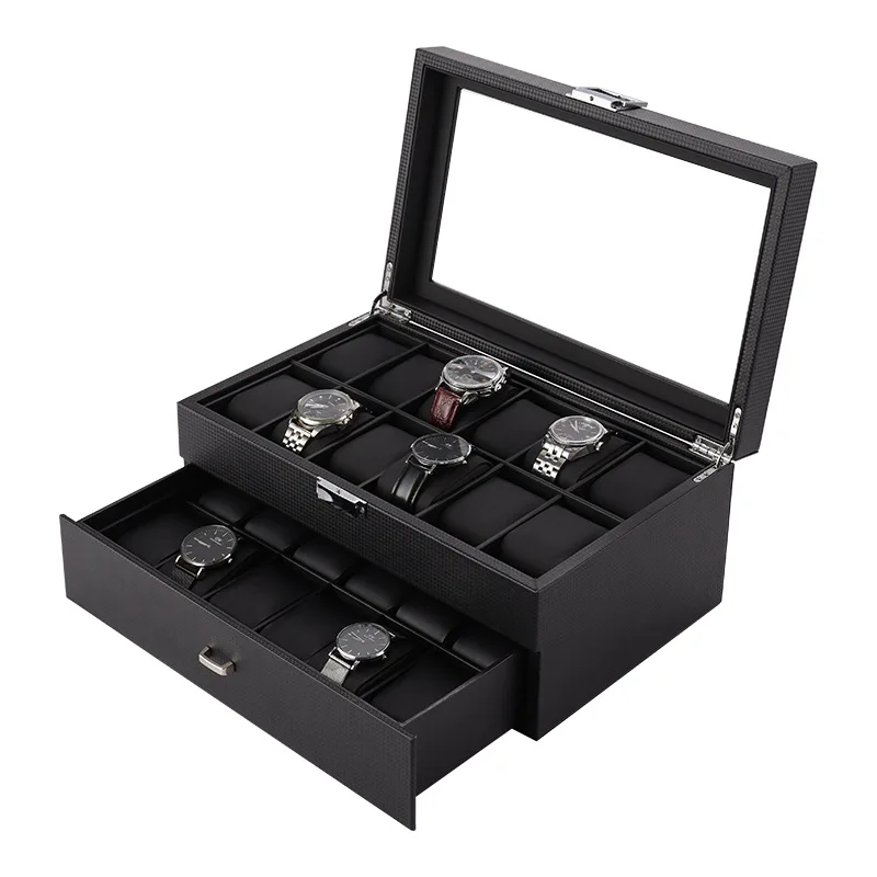 

Watch Box Organizer Storage Luxury jewelry Double Layer 24 Slots Case Carbon fiber PU Black Display Box Square Glass Cabinet
