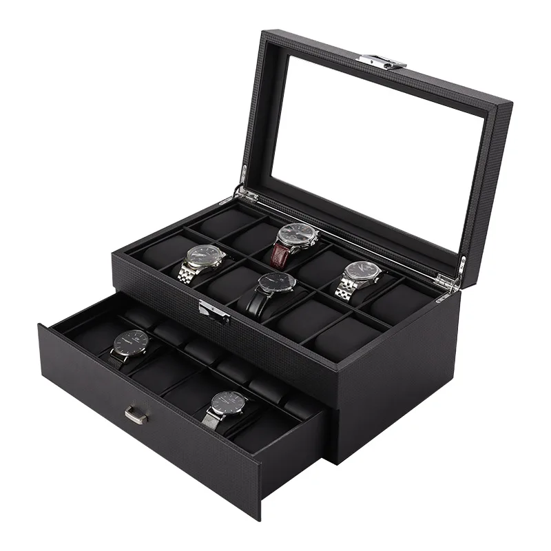 Watch Box Organizer Storage Luxury jewelry Double Layer 24 Slots Case Carbon fiber PU Black Display Box Square Glass Cabinet