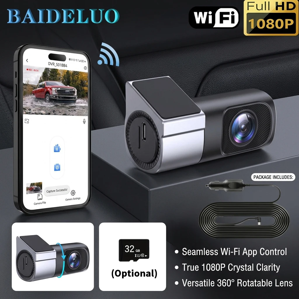 1080P Mini Car Dashcam Night Vision 24 Hours Parking Monitoring Loop Recording Gravity Sensor WiFi App Control Vehicle Camera