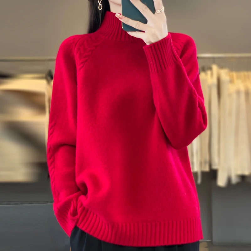 Frauen Pullover Für Winter 100% Merino Wolle Mock Neck Dicke Warme Pullover Twist Blume Langarm Reine Wolle Stricken Koreanische Mode