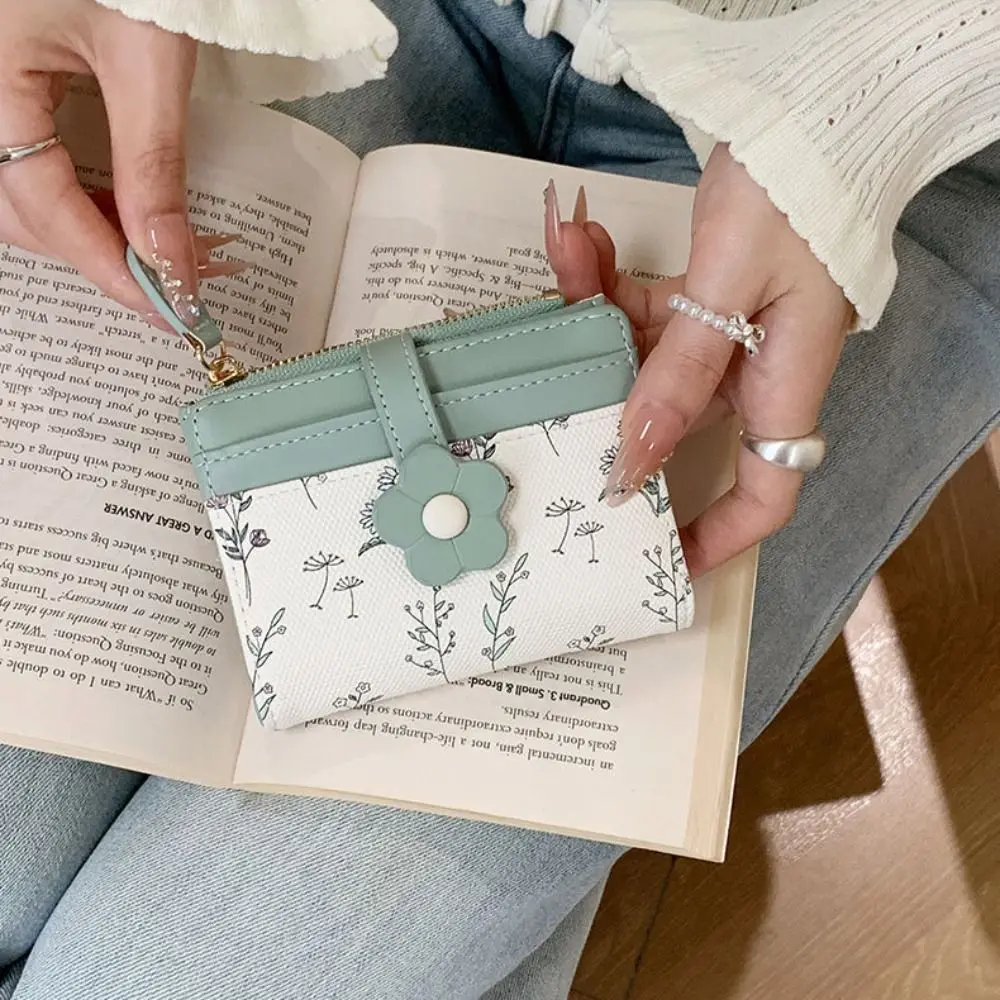 عارضة الكورية نمط زهرة محفظة قصيرة طباعة رقيقة جدا بو الجلود حامل بطاقة متعددة الوظائف الأزهار للطي حافظة للبطاقات في الهواء الطلق #2