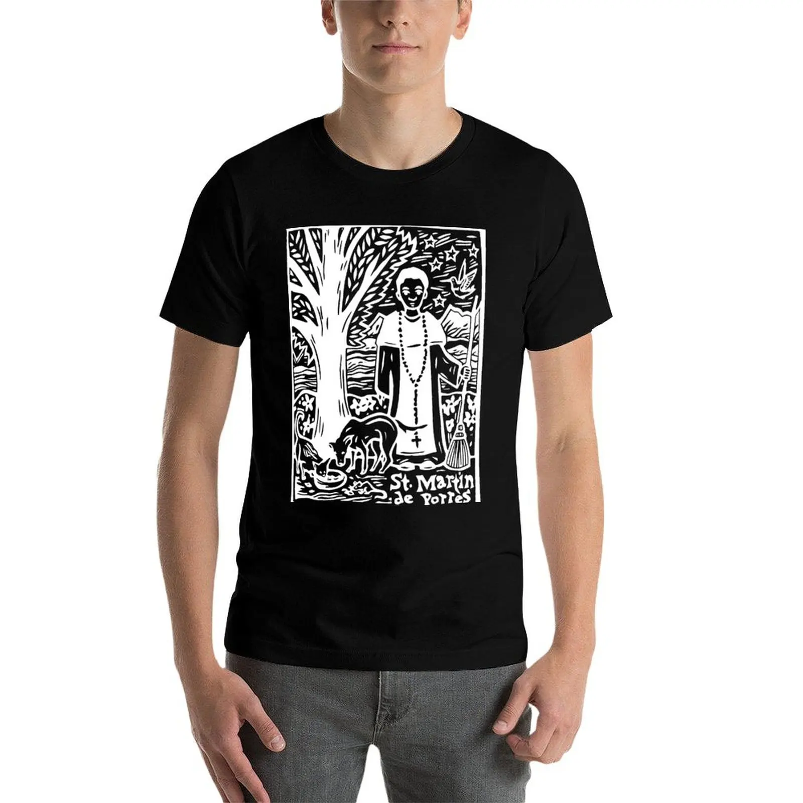 

St. Martin de Porres Linocut Image- White Ink T-Shirt cotton t shirt pack anime t shirts oversize anime t shirts for man T-Shirt