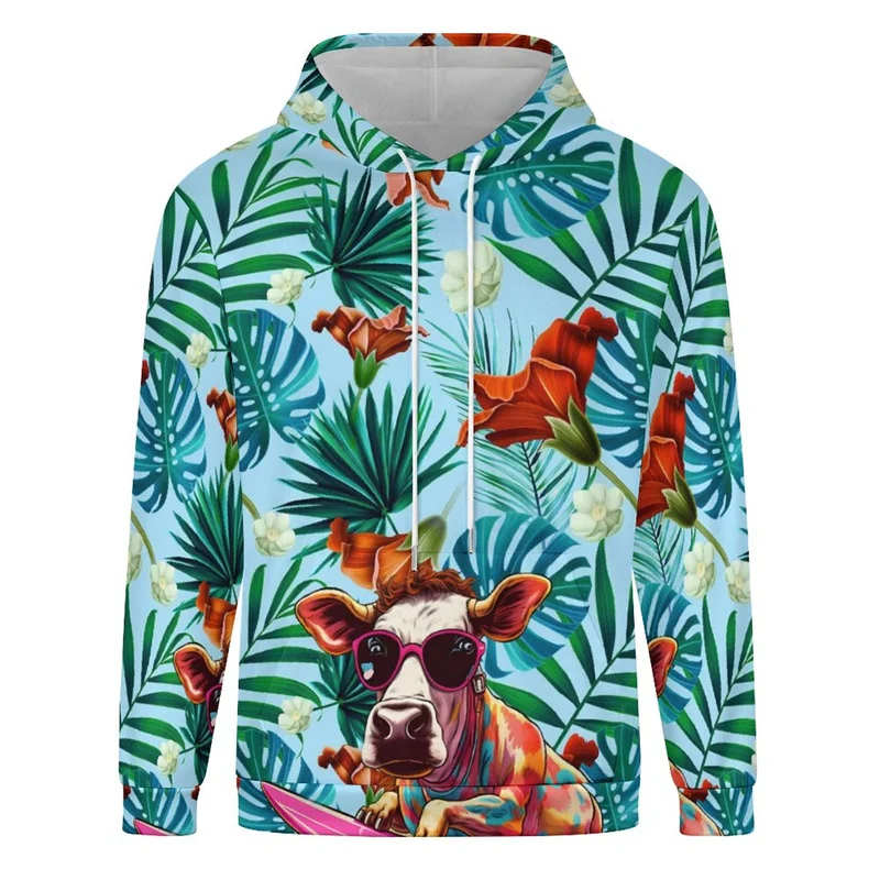 3D Print Flower Leaf Cow Hoodies For Men Small Fresh Cartoon Pattern Pullovers Casual Hooded Loose Tops Sweatshirts Long Sleeves