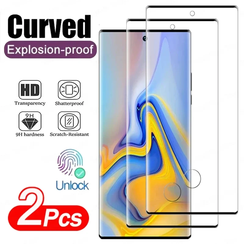 1-2 Stück gebogenes gehärtetes Glas für Samsung Galaxy S24 Ultra S23 S22 S21 S20 Plus S10e Note 10 Plus Displayschutzfolien HD Glasfolie