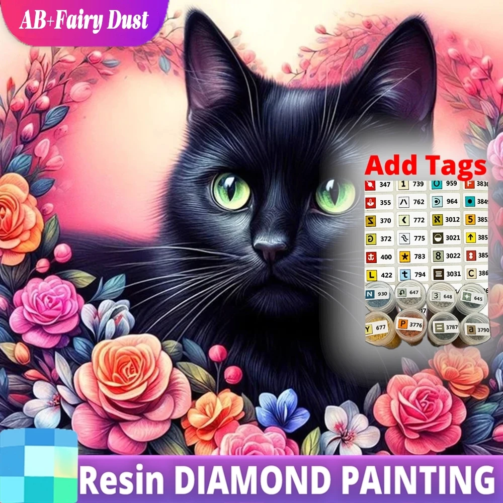 

Resin AB Fairy Dust New Arrival Diamond Embroidery Black Cat Animal Full Square Round Painting Camellia Flower Mosaic Handmade G