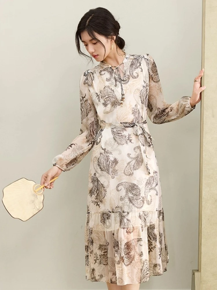 

SENTUBILA Chiffon Dress Woman Print Puff Sleeves Loose-fit Tie-Waist A-Line Dress 2025 Autumn New Women's Clothing Q53LI3747