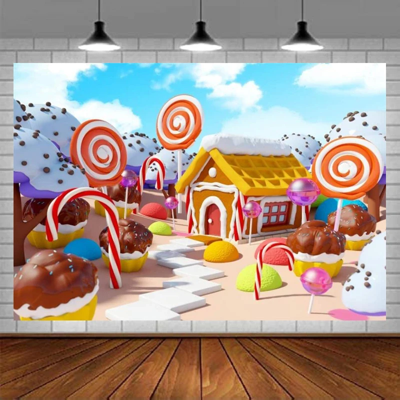 Photography Backdrop Fairy Tale Candy Land Landscape Background Fantastic House Cane Lollipop Cupcake Baby Kids Birthday Party