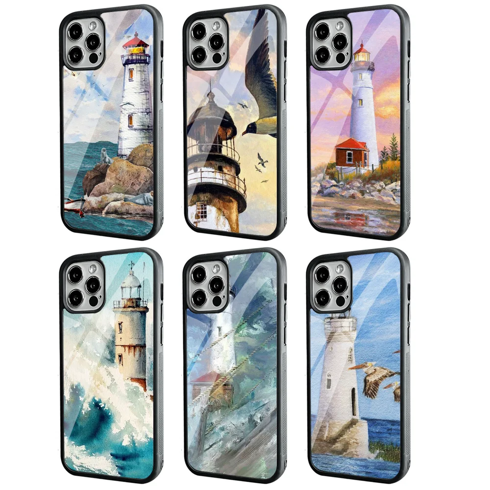 Hand Painted Lighthouse Bird Seagull Phone Case For IPhone 11 12 13 14 15 Plus Pro Max Mirror Acrylic PC TPU Cover