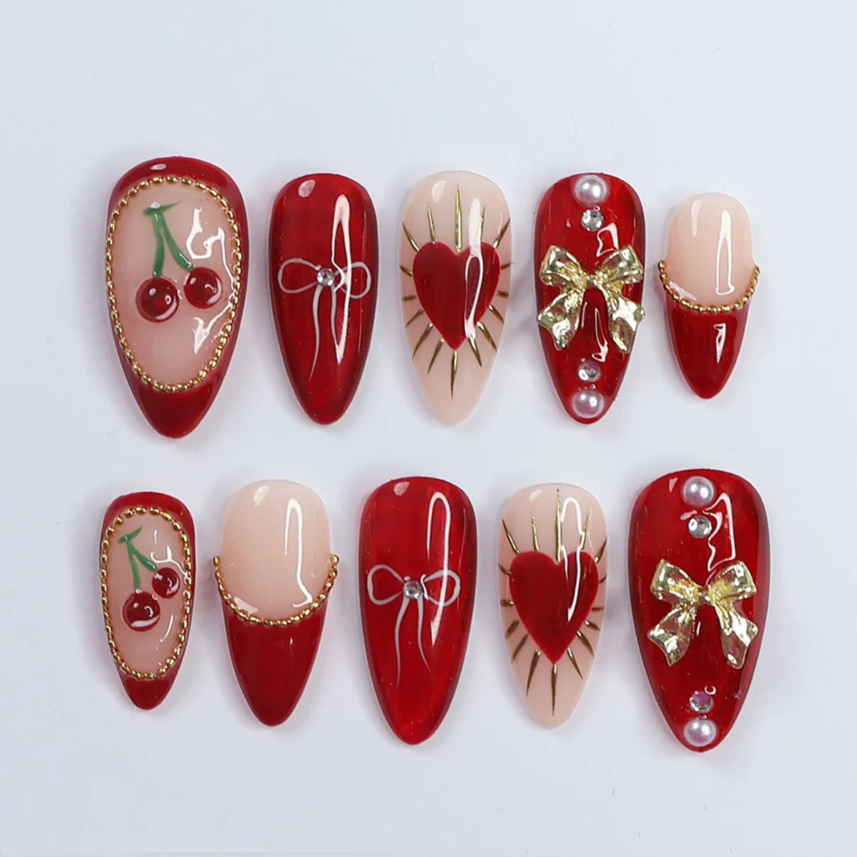 

24Pcs French Red Cherry Heart Press on False Nails 3D Bow Rhinestone Full Cover Nails Tips Mid-length Almond Wearable Fake Nails