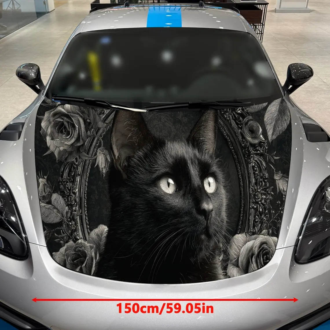 Gothic Black Cat & Dark Roses Car Vinyl Wrap, PVC Material Waterproof Car Hood Sticker, Self-Adhesive Scratch-Resistant Stickers