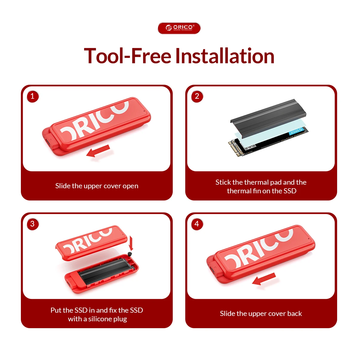 Orico m2 nvme ssd gabinete 6gbps 10gbps usb 3.2 gen 2 tipo c m.2 sata nvme ssd caso clássico vermelho preto cor suporte sono inteligente