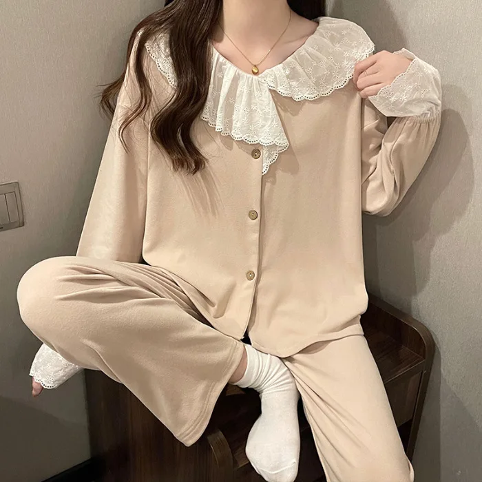 INS Women\'s Spring Autumn Pajamas Lace Doll Collar Sleepwear Set Sweet Cute Home Clothing New Pijama Feminino Nightwear Suit