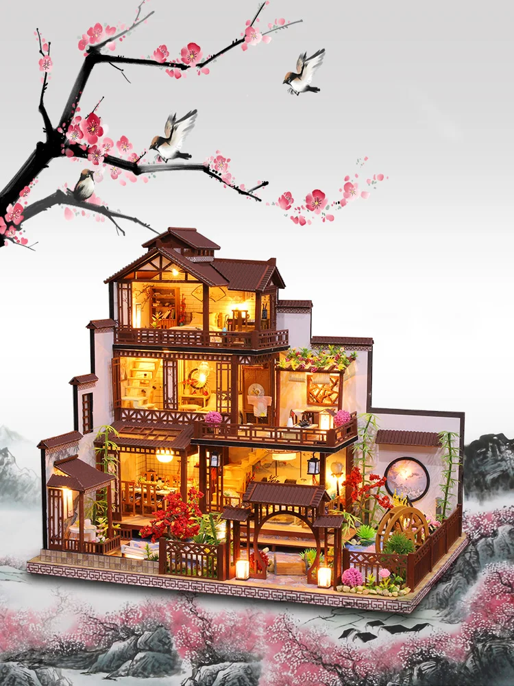 

New Diy Wooden Doll House Kit Miniature With Furniture Led Light Casa Large Chinese Style Villa Dollhouse Toys For Grown-up Gift