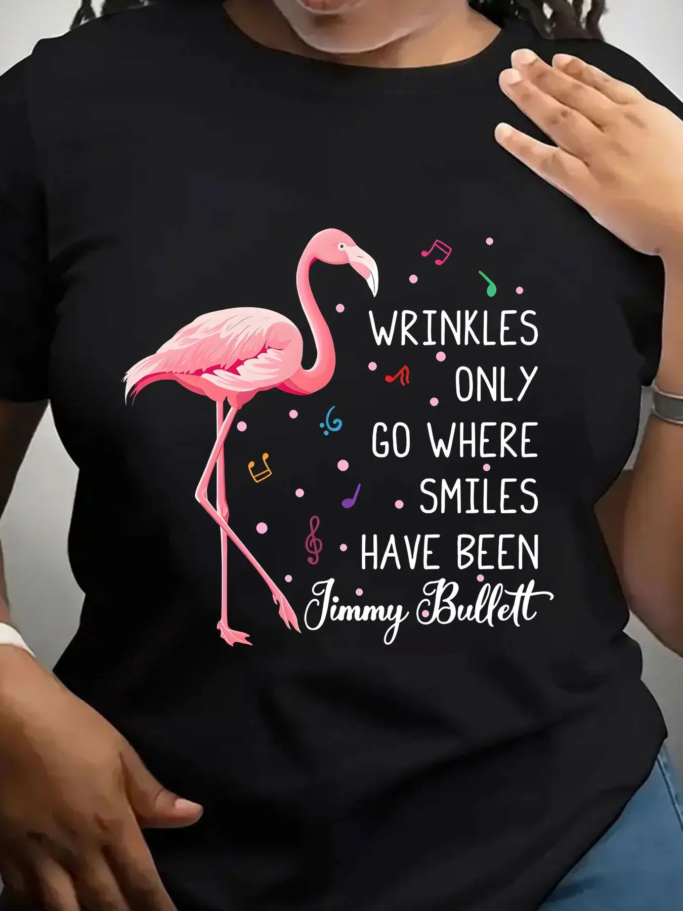 Women's Trendy Crew Neck T-Shirt Pink Flamingo with Musical Notes Suitable for Casual Sportswear