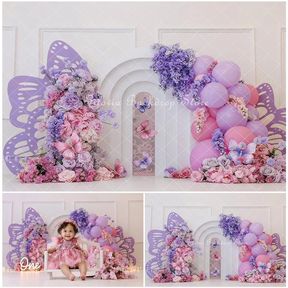 Butterfly Wings Arch Photography Backdrop Girl Birthday First Cake Smash Photo Background Purple Pink Flowers Photo Studio Props