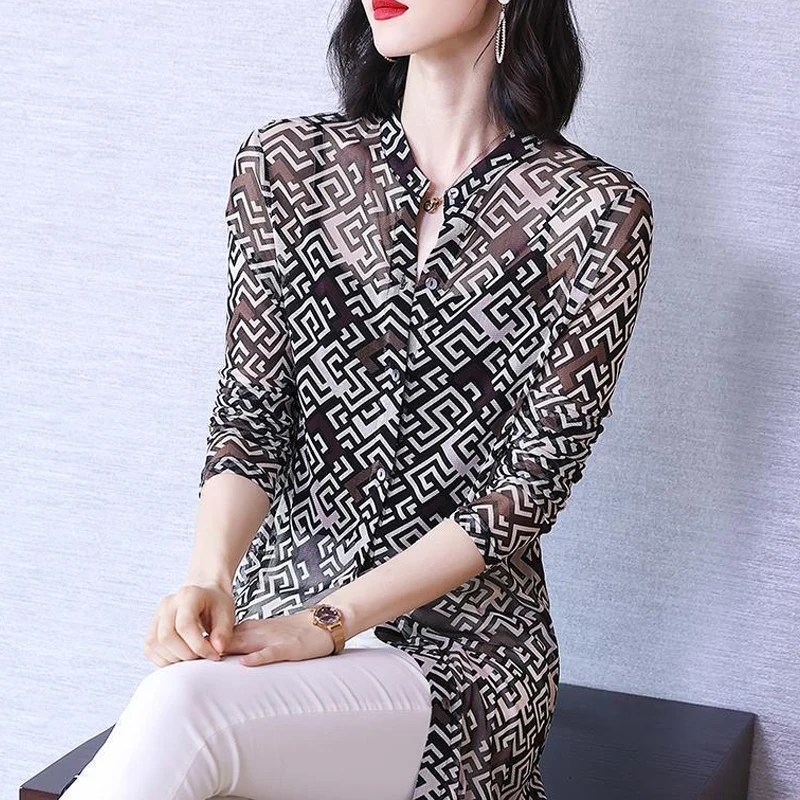 Fashion kasual wanita kantor longgar Motif panjang jaket nyaman kancing Vintage elegan tipis musim semi musim panas pakaian wanita