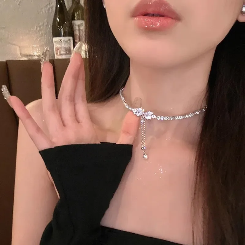 Inlaid Zircon Bow Pearl Tassel Necklace Women\'s Personalized Fashionable Clavicle Chain Accessories Party Jewelry Birthday Gifts