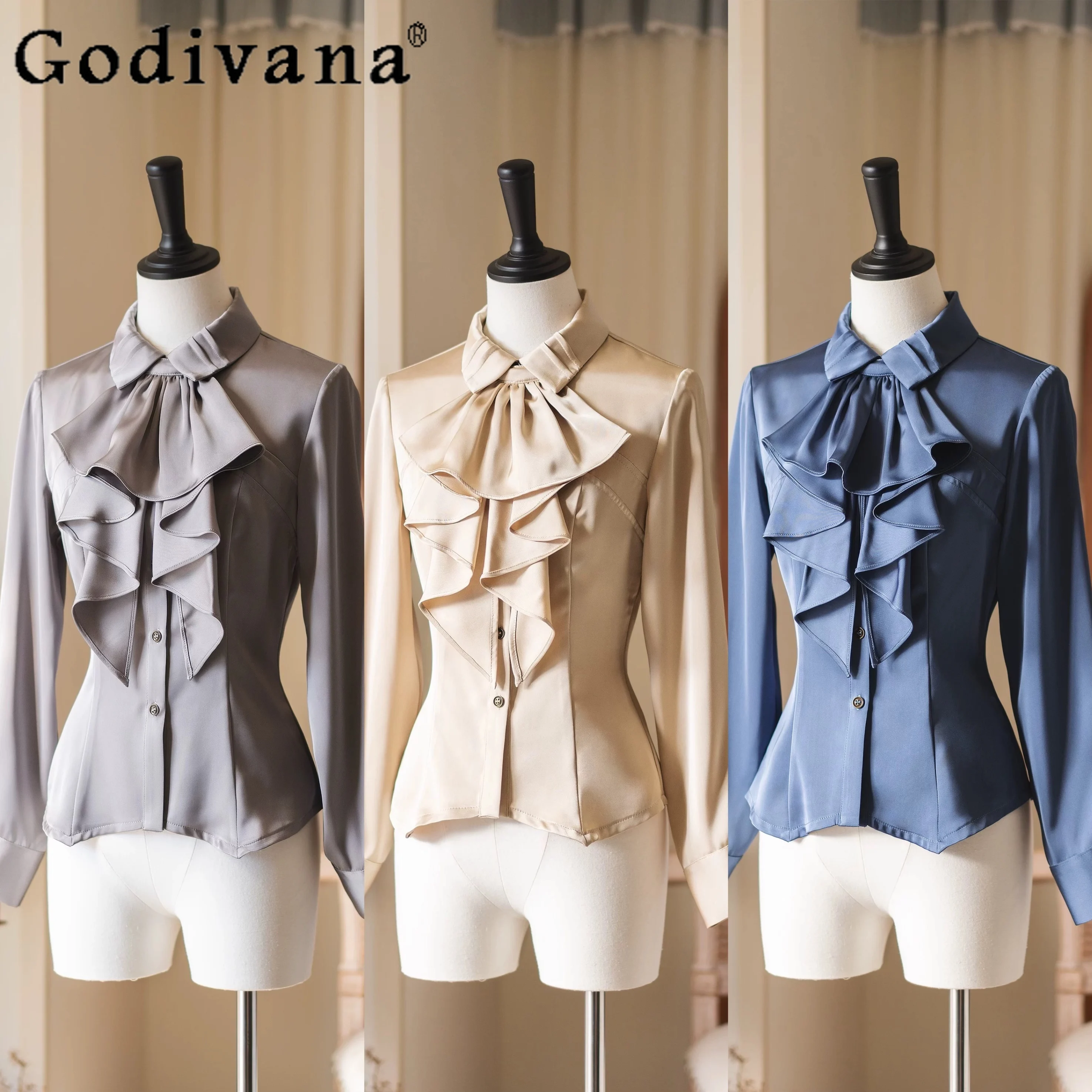 

Original French Elegant Retro Satin Long Sleeve Shirt Spring Autumn New 2025 Women's Court Lolita Blouses Plaid Dress Blazer Set