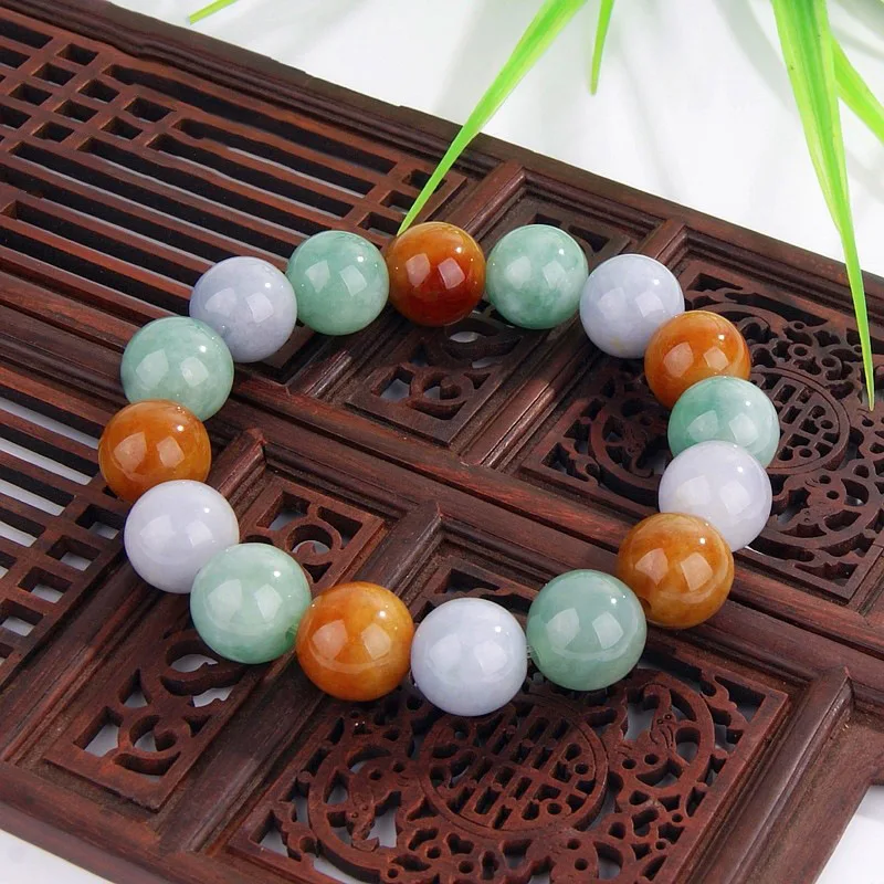 Myanmar A-grade bracelet featuring light purple green and red in a three-color desig natural jade beads