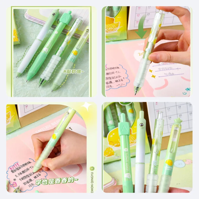 

4Pcs Cartoon Lemon Scented Press Gel Pen 0.5mm Black ST Head Brush Pen,Good-looking
