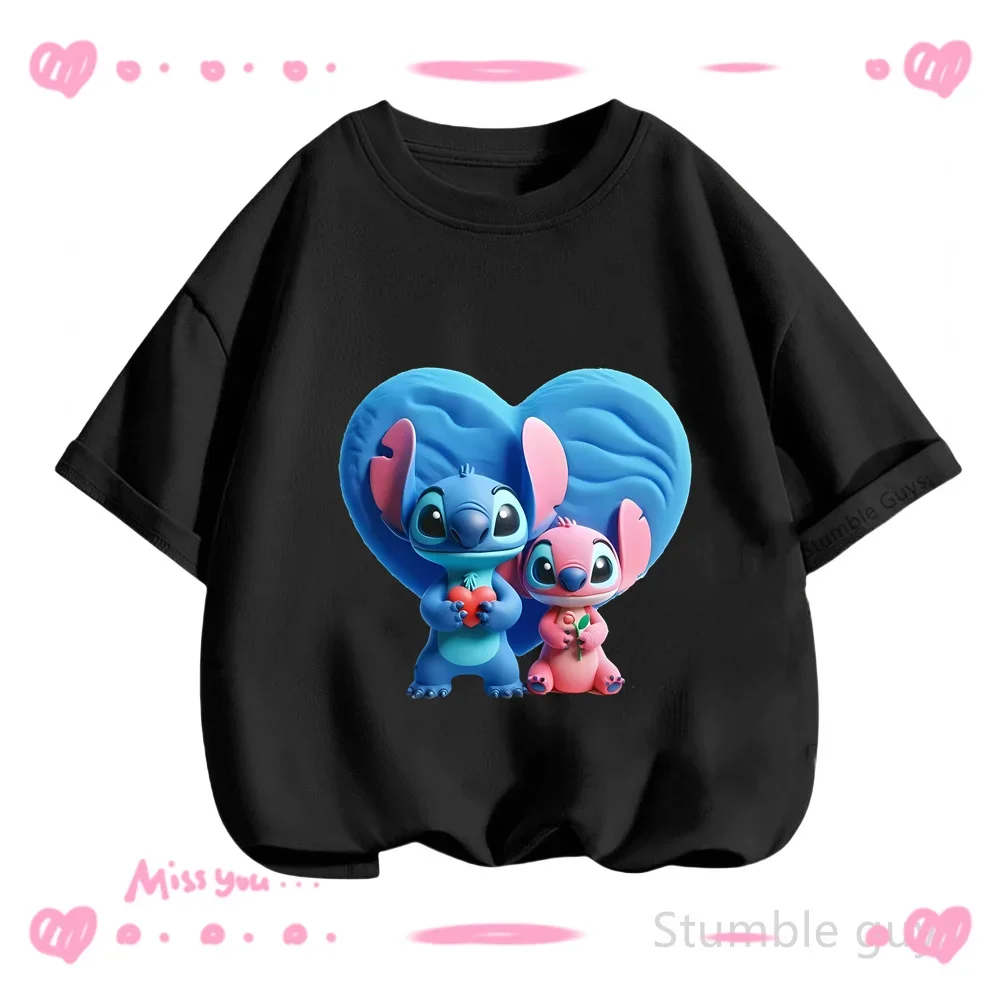 

Boys Girls Disney T-Shirt Kids Summer Kawaii Stitch 3-14Y Mesh Detail Casual Short Sleeve Jersey Sportswear Clothes