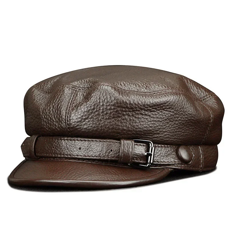 

Unisex South Korean Style Genuine Leather Fitted Flat Military Hat For Man Woman Personality Locomotive Punk Black Baseball Caps