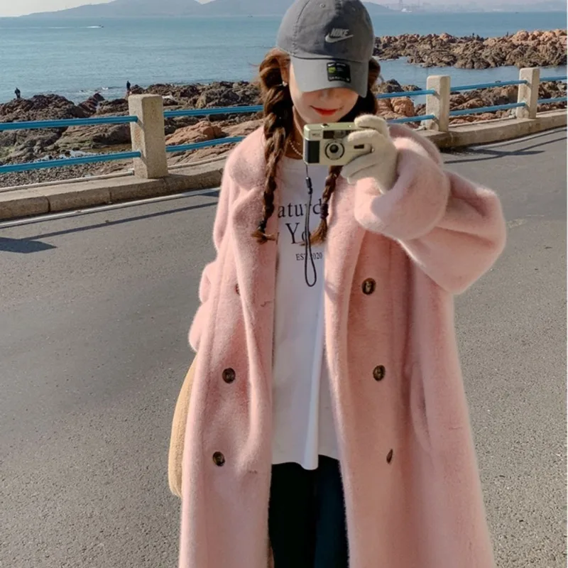 Solid Color Pink Apricot Soft Lazy Thicker Elegant Temperament Hepburn Ladies Trendy Wool Coat Straight Blends for Women Warm