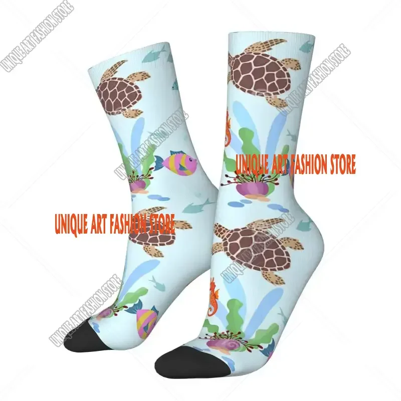 Ocean World Turtles Fish Seahorse Dress Sock for Men Women Male Breathable Warm Fashion Marine Life Crew Socks