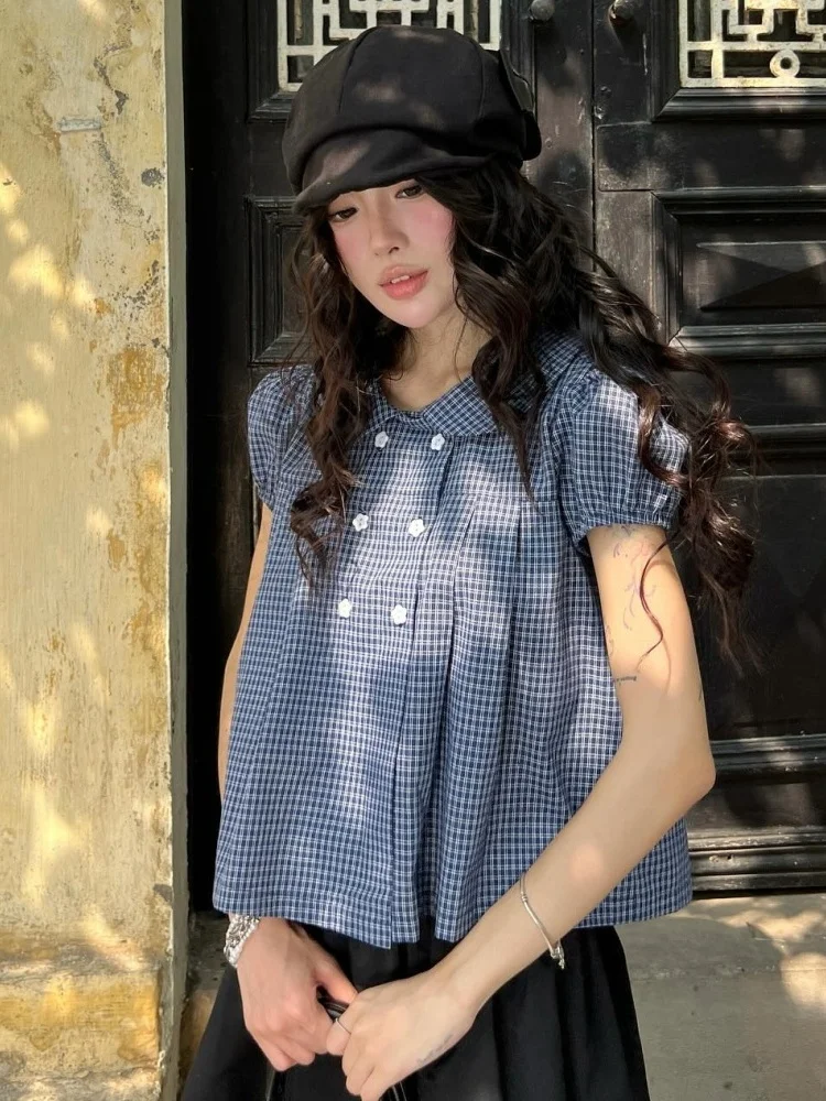 

Ретро-рубашка в клетку с двойными пуговицами, женская, с рукавами-фонариками, свободного кроя, в корейском стиле, милый топ, повседневная летняя рубашка для девушек