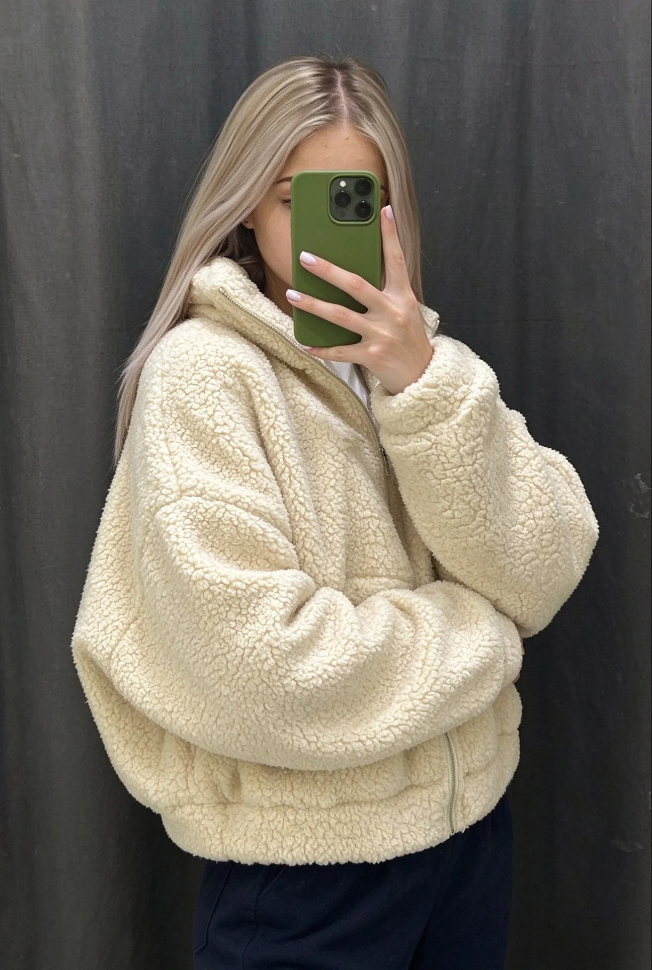 Women Teddy Sherpa Cropped Jacket Winter Cream Oversized Daily Streetwear Zip Up Outerwear Fluffy Fleece Coat Patch Pocket S‑XXL
