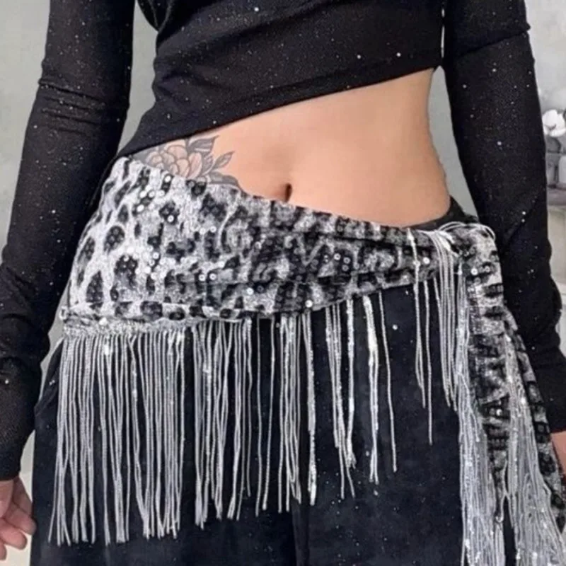 Bohemian Jazz Dance Waist Scarf Personalized Leopard Print Sequins Fart Curtain Street Dance Hip Scarf Accessories Waist Outfit