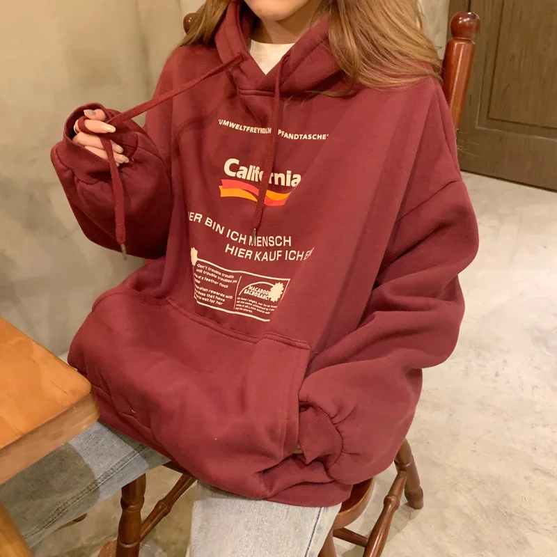 Women Letter Print BF Style Loose Casual Hoodies Pullover Plus Velvet Warm Hooded School Big Pocket Harajuku Sweatshirt Ulzzang