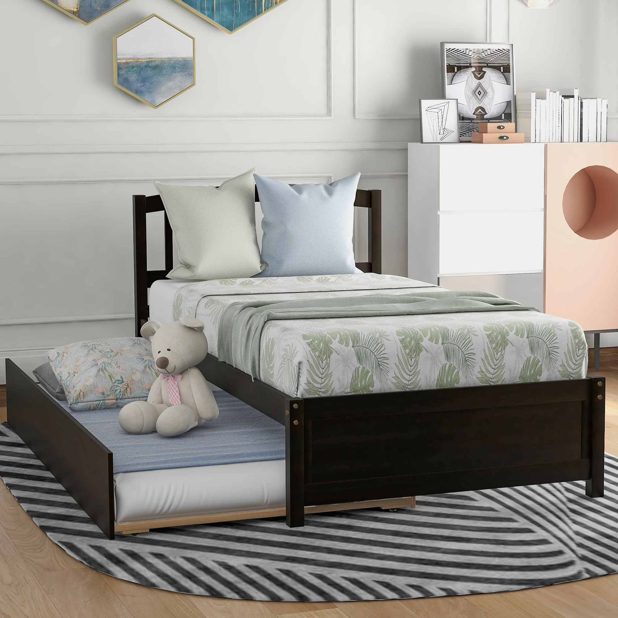 

Espresso Twin Platform Bed with Trundle, Solid Wood Frame 79.50x41.70x37.50 in.