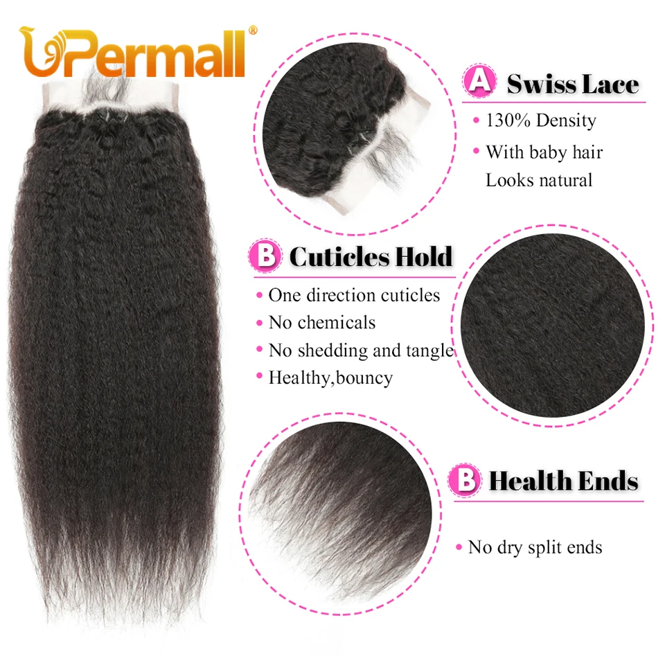 Upermall 3/4 Kinky Straight Human Hair Bundles With Closure 5x5 HD Transparent 4x4 Yaki Lace Closure and Remy Weave Extensions