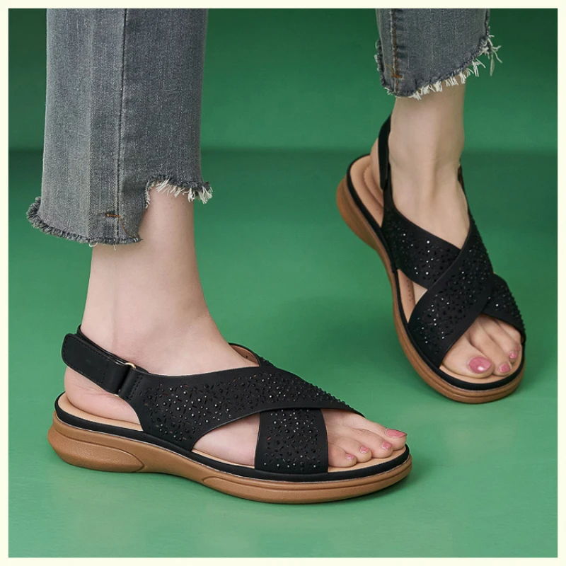 

Comfortable Wedge Sandals With Rhinestone Embellishments Breathable Perforated Design Adjustable Strap And Cushioned Sole