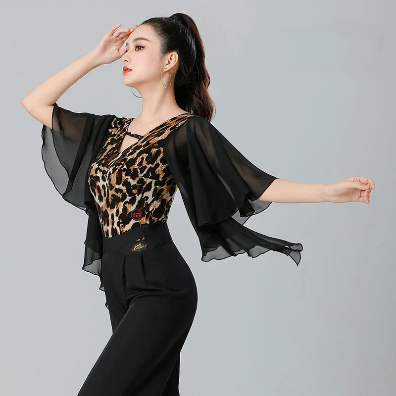 Vêtements de danse modernes imprimé léopard, col en v, manches en maille, combinaison Chacha Rumba Tango, Costumes de danse de salle de bal latine, DN20703