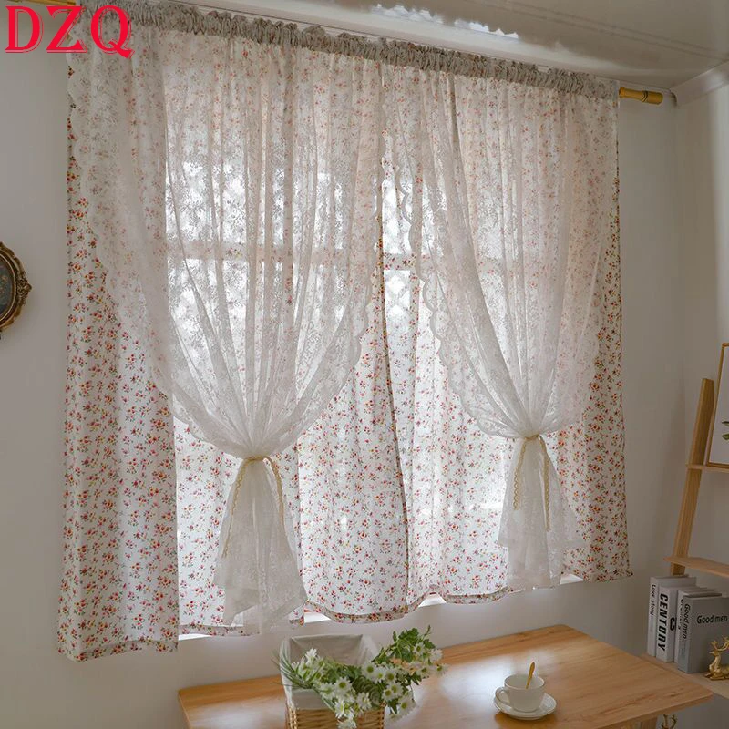 Double Layered Korean Idyllic Flowers Curtains Cloth For Bedroom Lace Warp Ruffled Tulle Curtains for Kitchen #A466