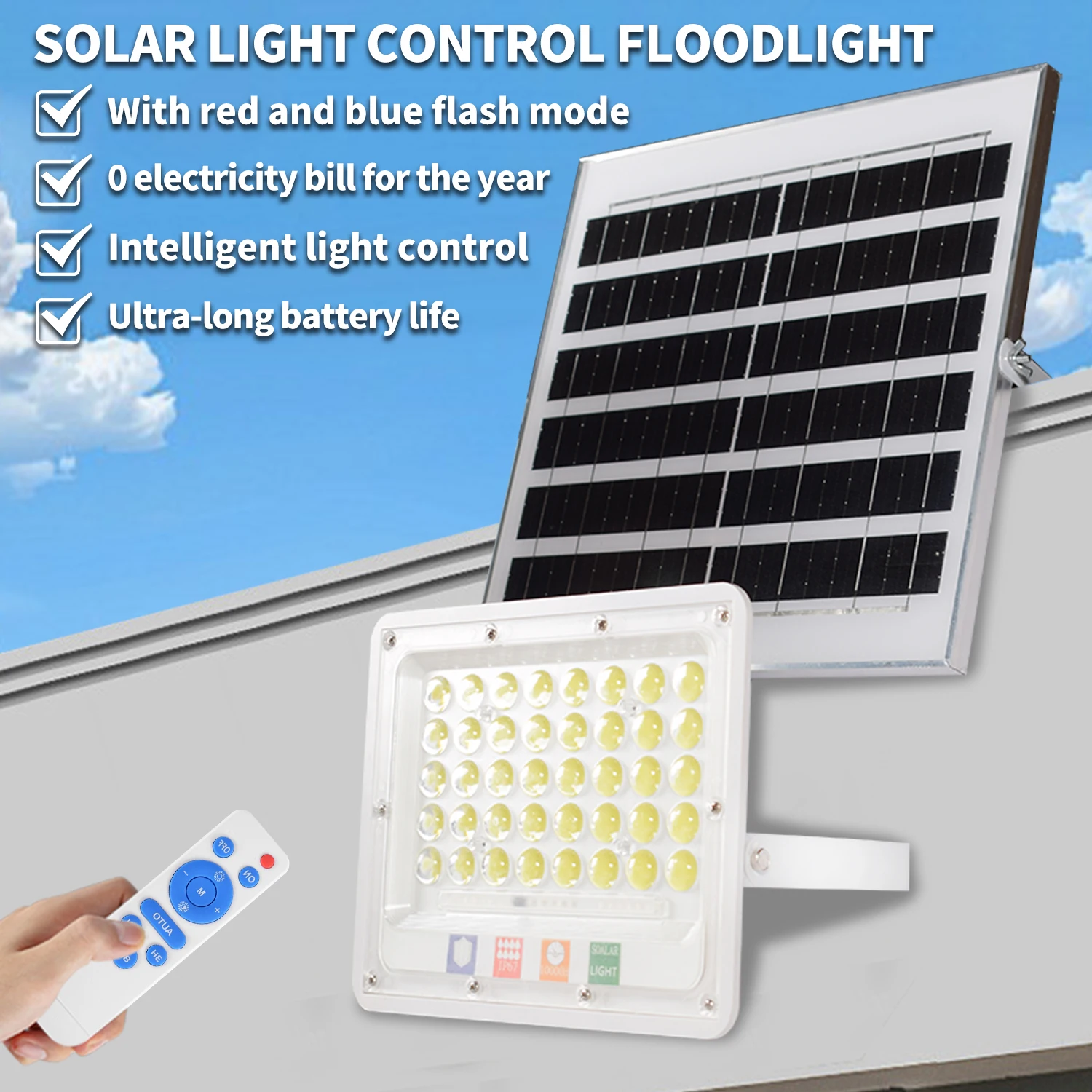 Solar Flood Lights Outdoor 200W LED Solar Light Separate Panel for Garden Garage Waterproof Wall Lights Red and Blue Flashlight