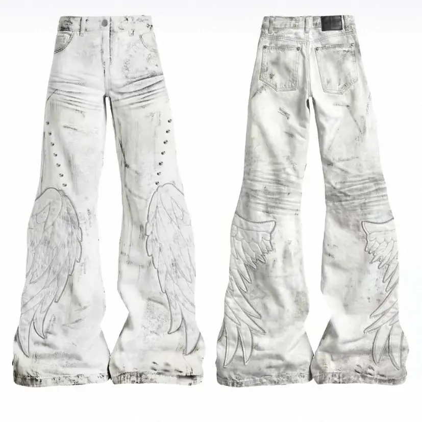 Y2k American Retro Wing Patch Rivet Micro Flare Jeans Women's Punk Gothic Slim Flare Jeans Casual Hip Hop High Waist Streetwear
