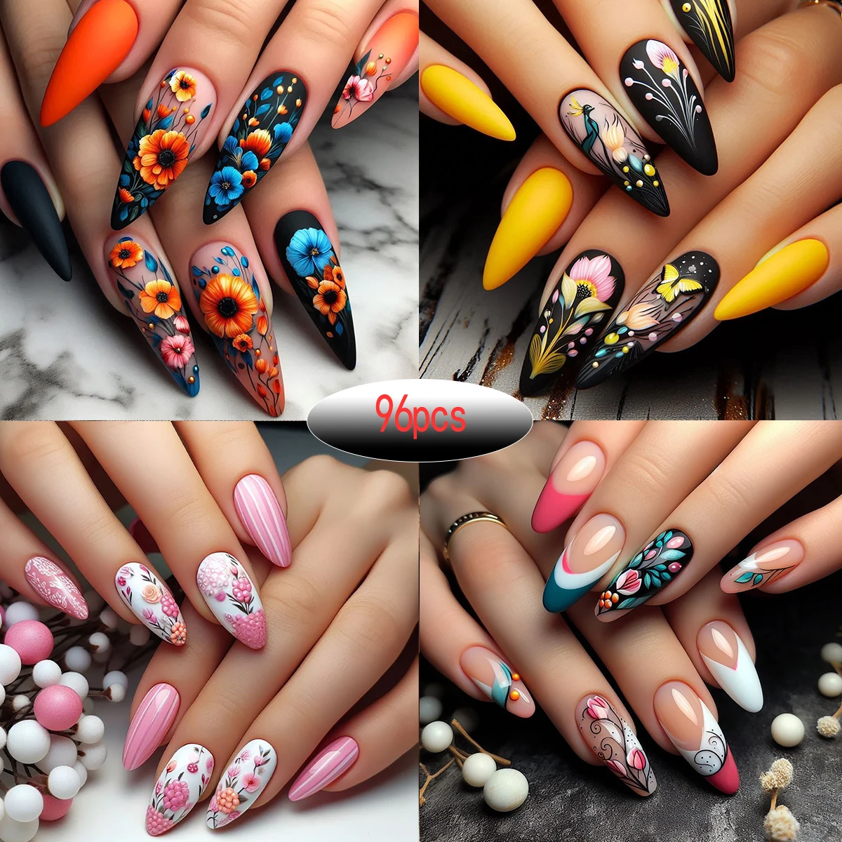 Set of 4/96/24pcs Medium Almond Push-On Nails - Featuring a matte texture gradient with lavender floral embellishments and a ros