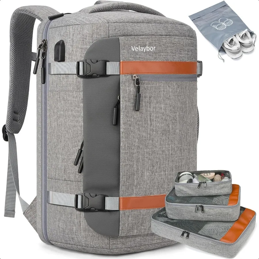 

42L Travel Backpack with 4 Packing Cubes TSA Friendly Flight Appd CarryOn Bag with USB Charging Port WaterResistant Weekender B