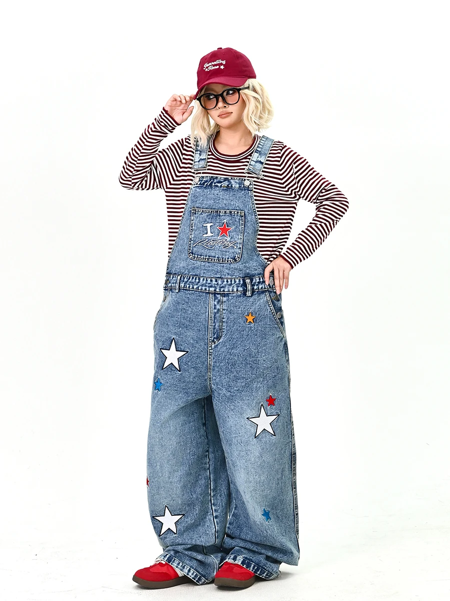 

Женские джинсовые комбинезоны Waed: свободные брюки в корейском уличном стиле с широкими штанинами, вышивкой звездами, удобная посадка, новинка весны, повседневные, стильные