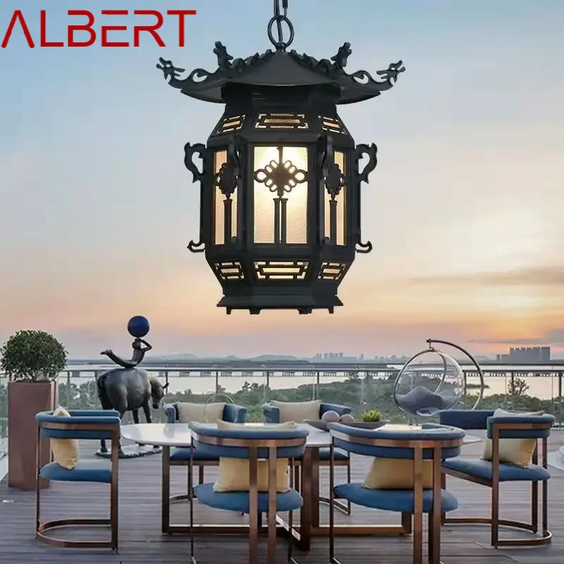 ALBERT Chinese Lantern Pendant Lamps Outdoor Waterproof LED Black Retro Chandelier for Home Hotel Corridor Decor Electricity