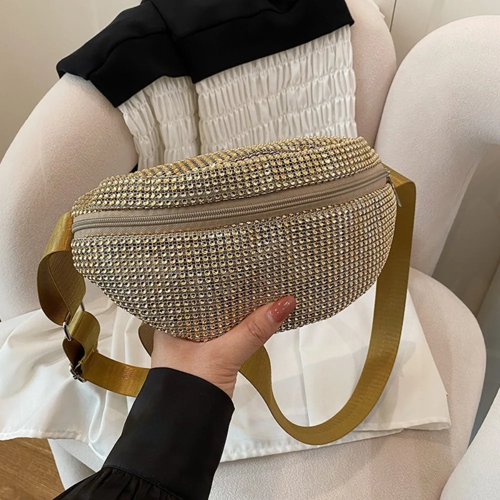 

Lightweight Rhinestone Waist Packs Wide Shoulder Strap Versatile Zipper Crossbody Bag Phone Pack Korean Style Chest Bag Sport